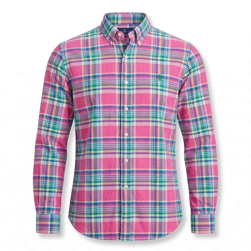 Polo Ralph Lauren Mens Large Pink Plaid Madras Long Sleeve Button Down Shirt